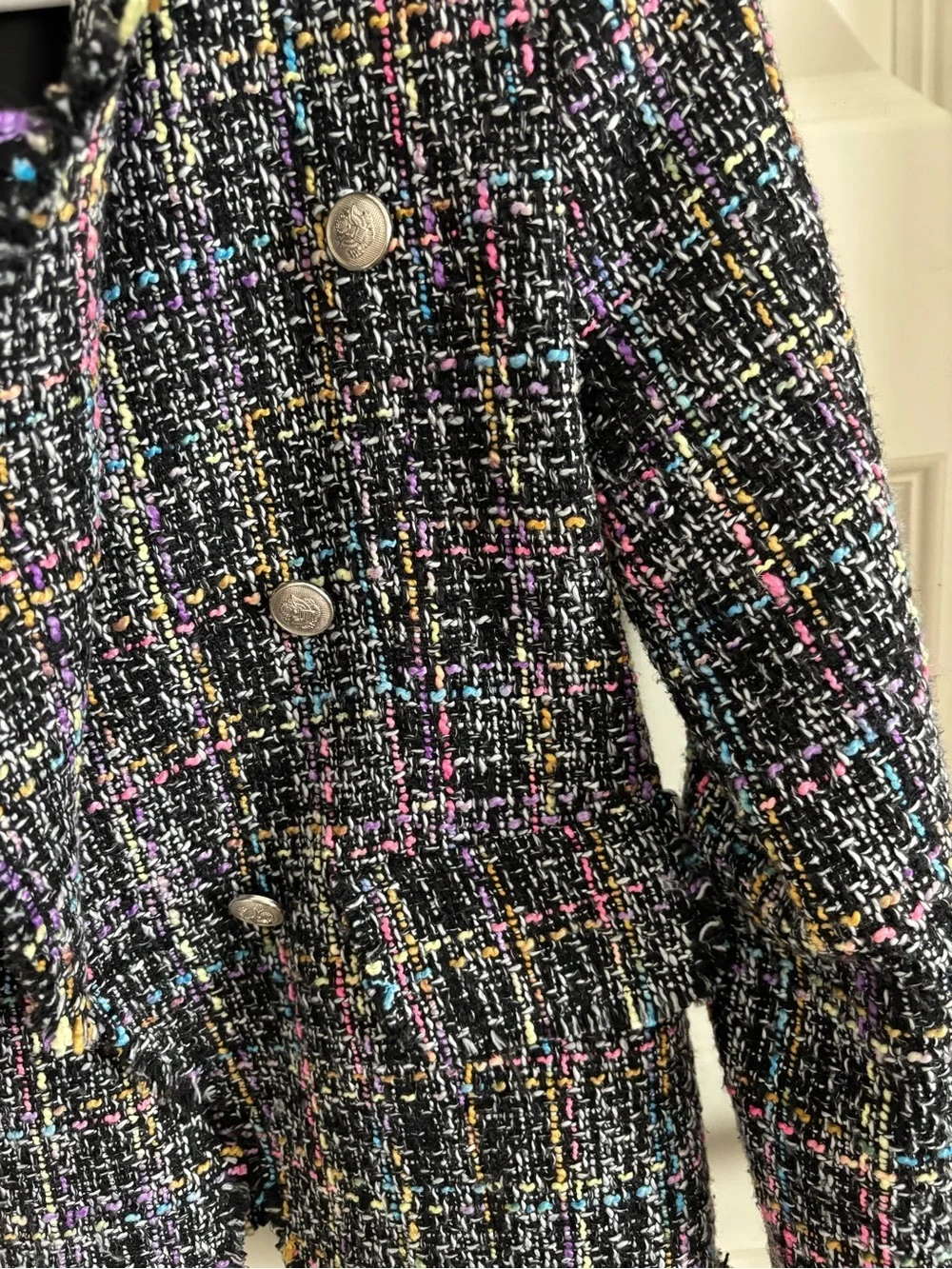 Willa Knox Woven Tweed Double-Breasted Jacket in Black Multicolor